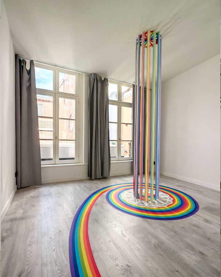 A rainbow-striped line installation